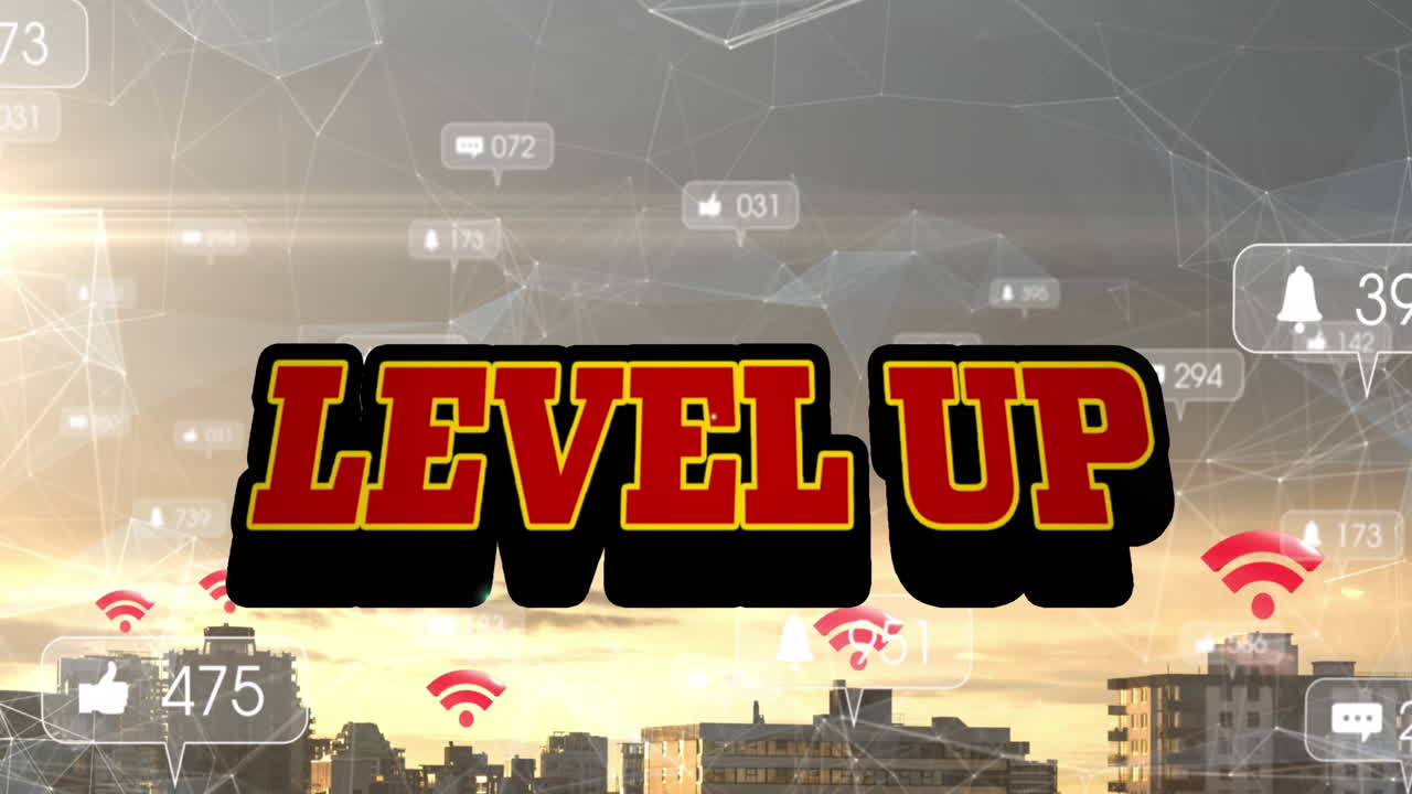 도시 풍경 위에서 성장하는 레벨 업 텍스트와 숫자의 애니메이션