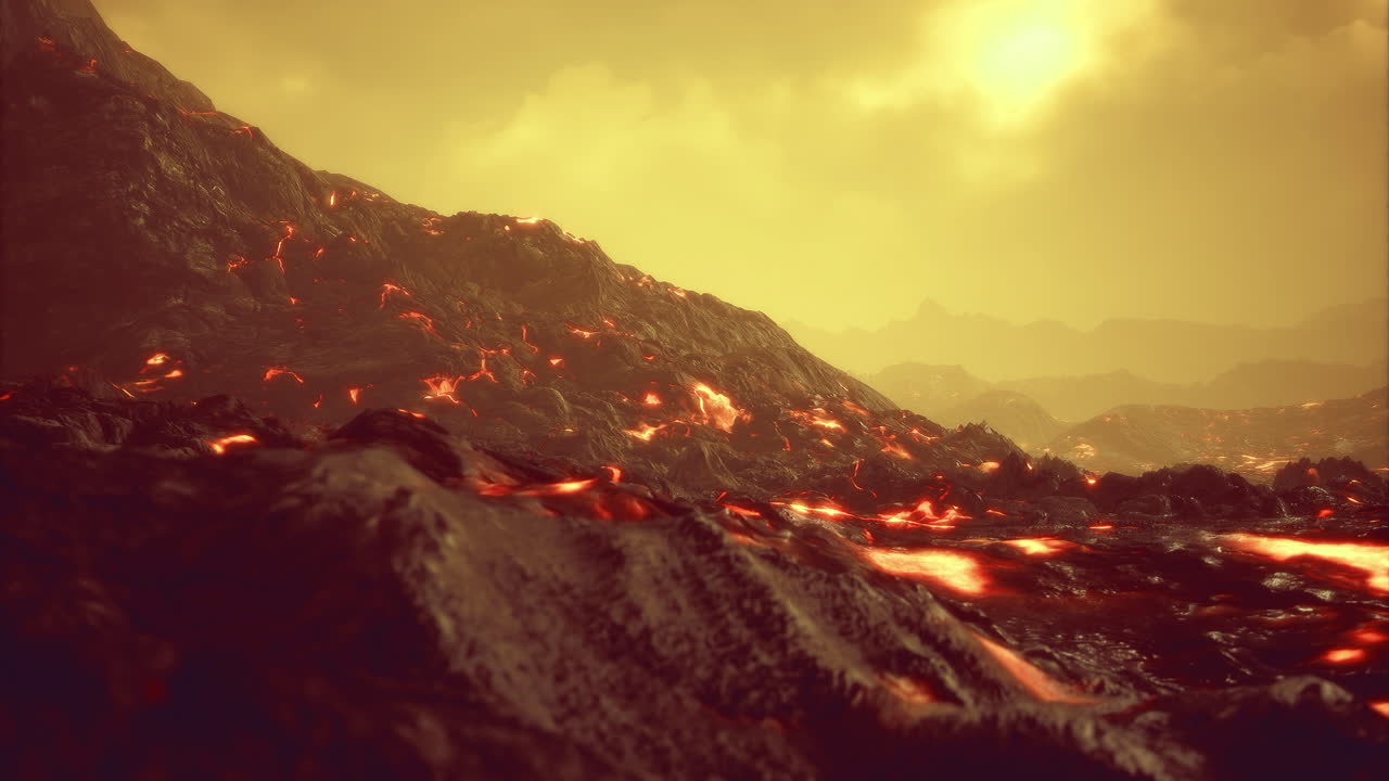 Rugged volcanic landscape with flowing lava under a dramatic yellow sky