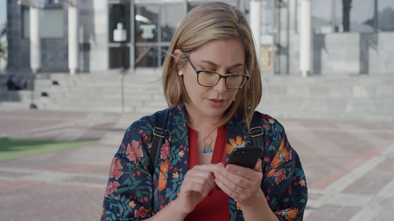 ritratto giovane donna d'affari bionda con stile che usa smartphone messaggistica navigazione online controllo messaggi imprenditrice urbana professionale che invia e-mail sul telefono cellulare in città slow motion