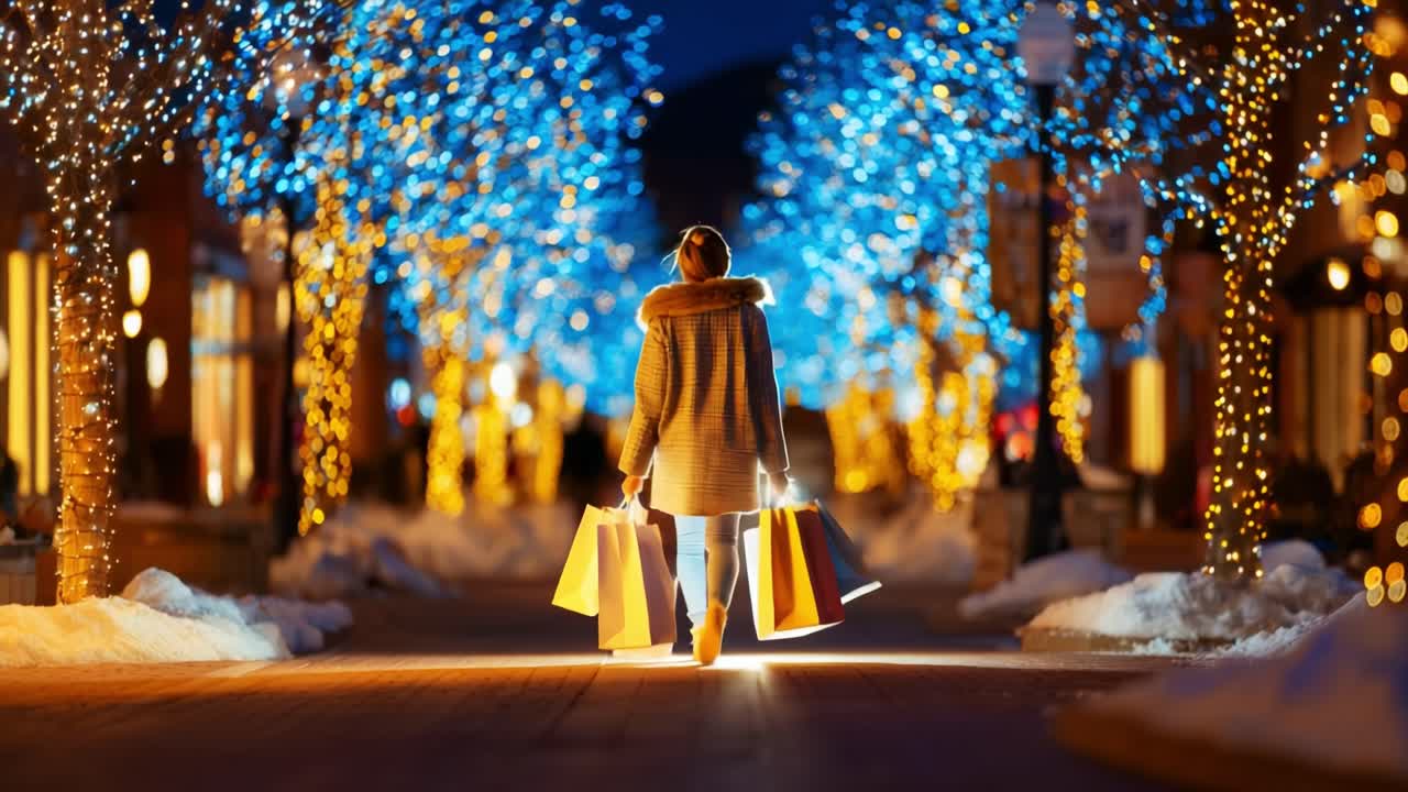 A shopper walks through a beautifully illuminated street adorned with vibrant blue lights and festive decorations, carrying multiple shopping bags in a winter evening setting