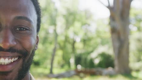 portrait of happy african american man looking at camera in park, slow motion