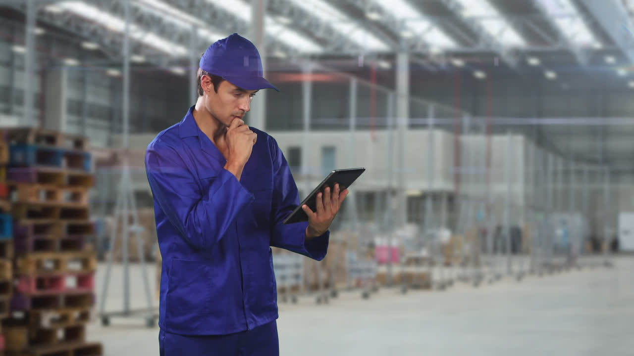 Uomo operaio caucasico che indossa una tuta blu e un cappello in una fabbrica, mentre usa un tablet