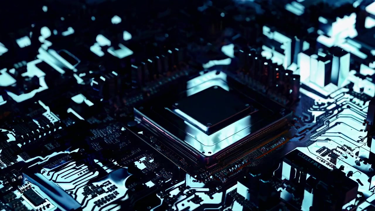 A close-up, low-angle video shot of a glowing microchip on a circuit board, highlighting intricate