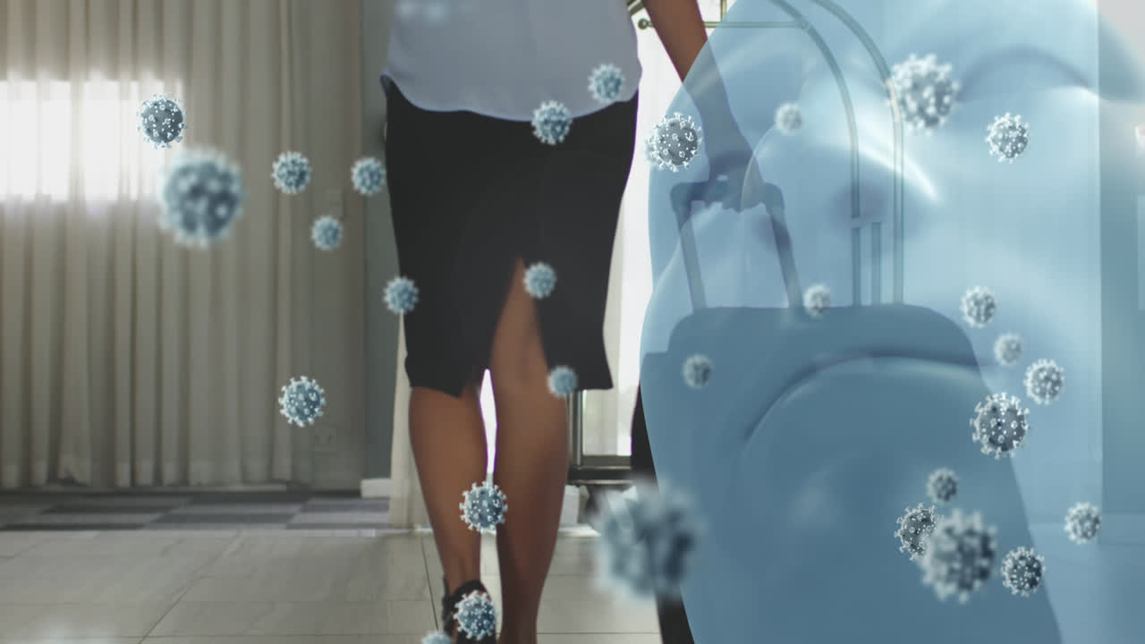 animación de celdas de covid-19 cayendo sobre mujeres que caminan