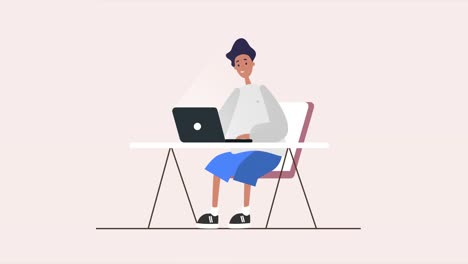 hombre, el tipo está trabajando en la computadora portátil, la computadora en la mesa. freelance. bucle de animación plana 2d, videoclip