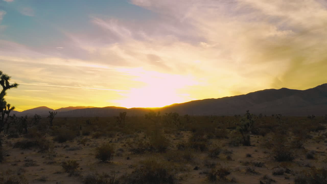 aéreo, amanecer cinematográfico en el paisaje montañoso del desierto de mojave con árboles de joshua