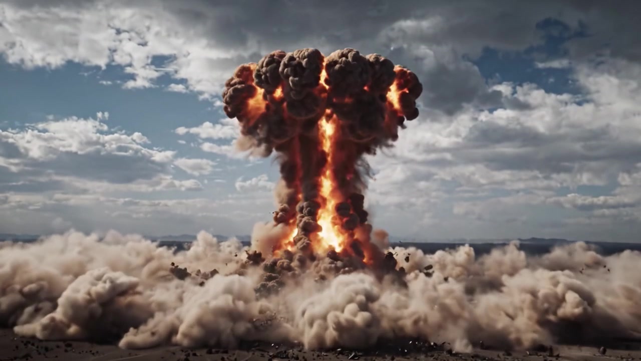 A dramatic sequence captures the explosive power of a detonation in a barren landscape, showcasing the clouds of debris and the intense mushroom cloud formation following the blast.