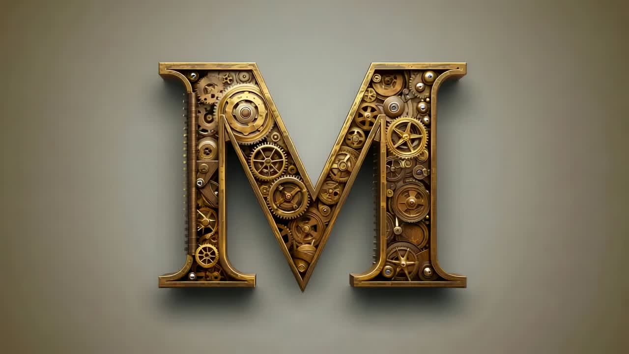 Playback starting ornate metallic letter M staying static on beige backdrop, with steampunk gears