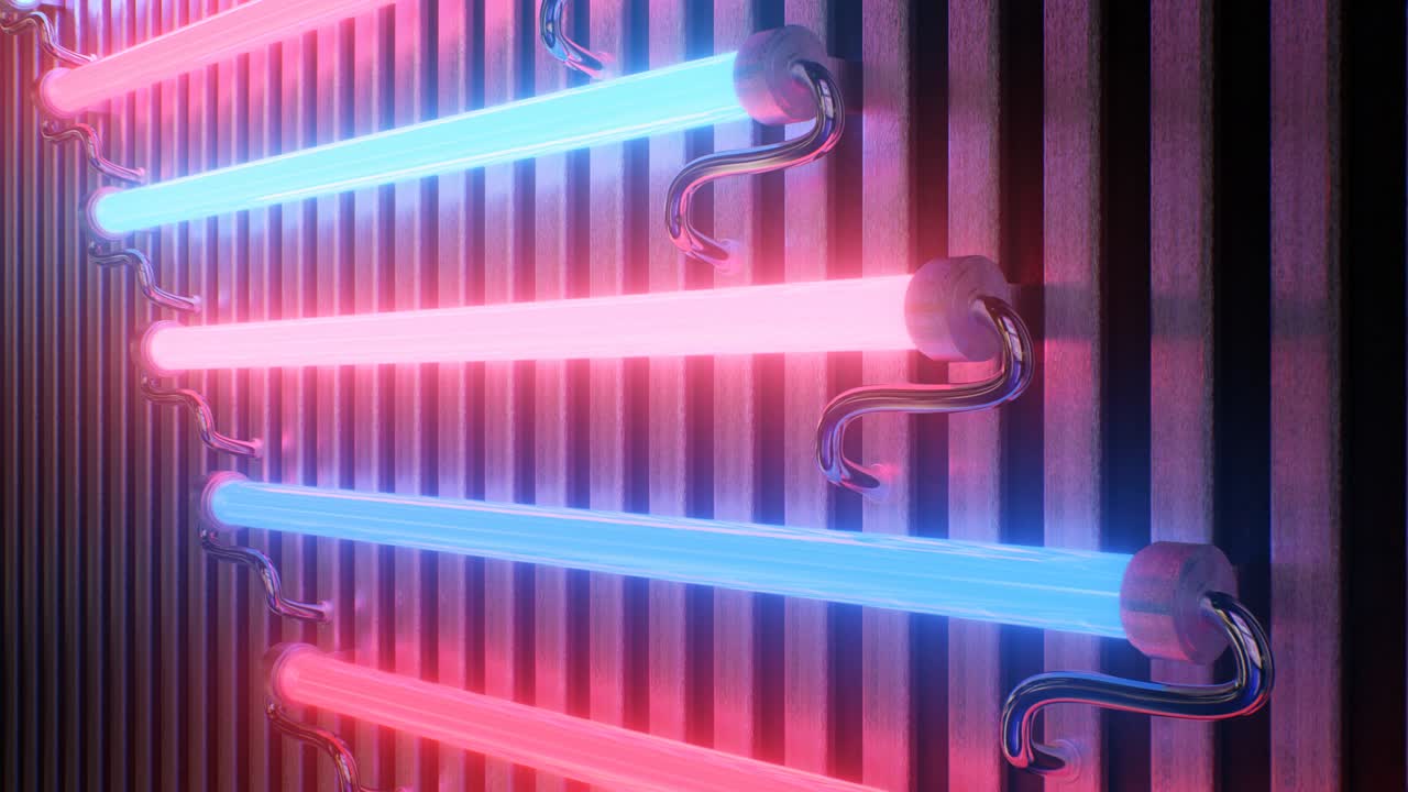 los tubos de neón fluorescentes parpadeantes brillan con luz roja y azul. reflexiones de luz - animación de fondo de movimiento de bucle vj sin costuras de 4k.