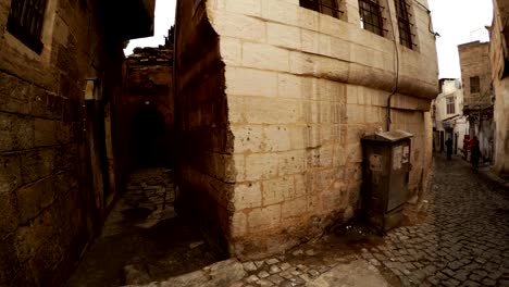 panorama from left to right old narrow paved streets  in sanliurfa