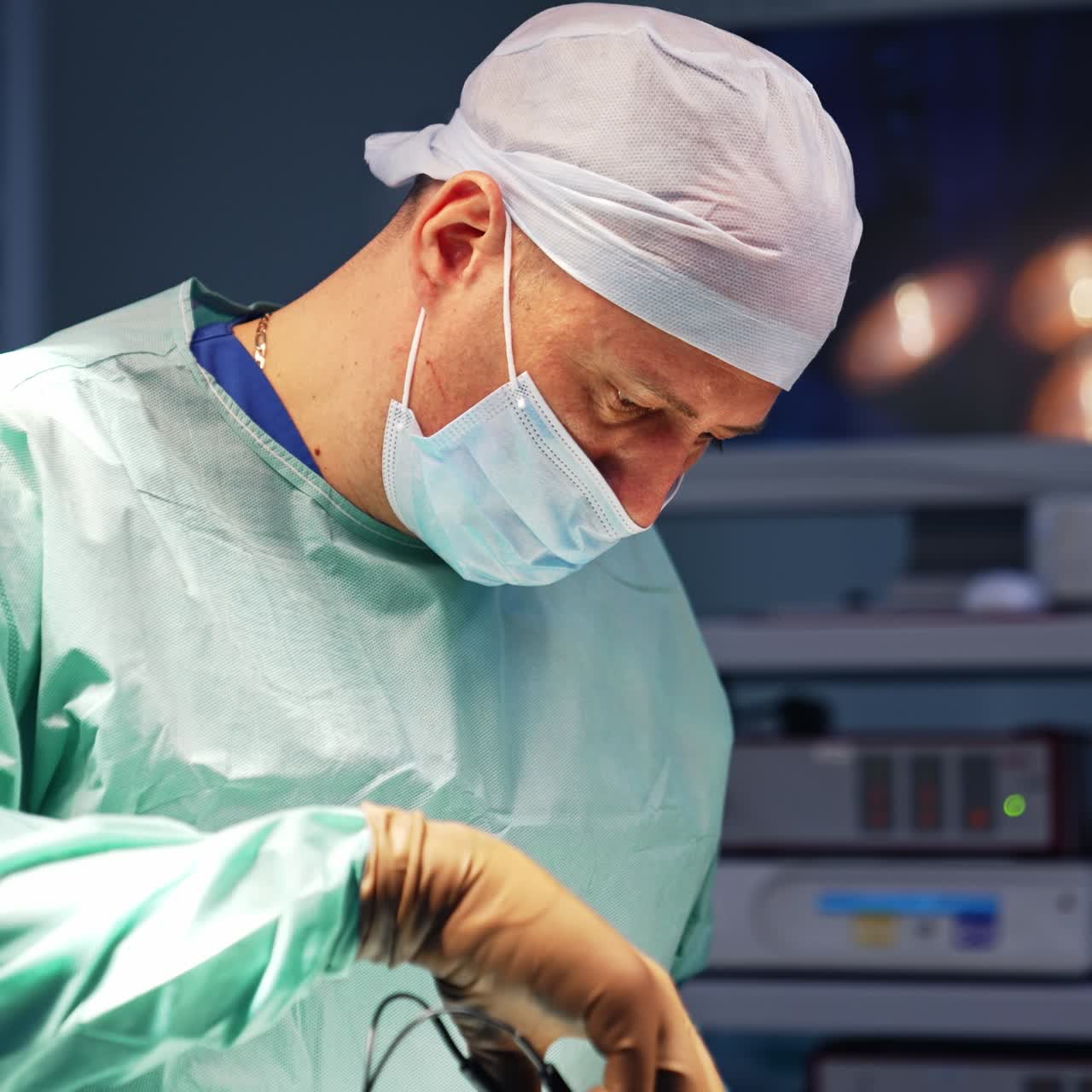 Careful confident surgeon in cap and mask performing plastic surgery. Doctor uses electric appliance tool in procedure