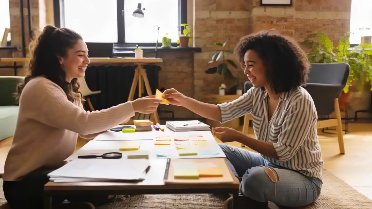 Holding sticky note stacks, two women in pink knit, striped shirt exchanging notes in loft planning