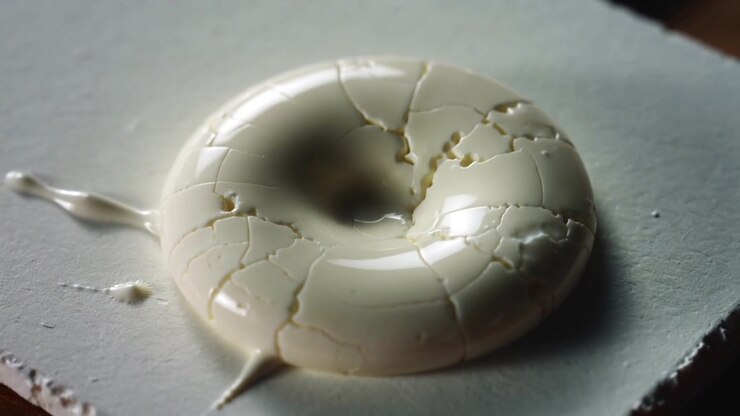 Transforming glossy off-white dome from hairline cracks to ring collapse on white tile, left tail