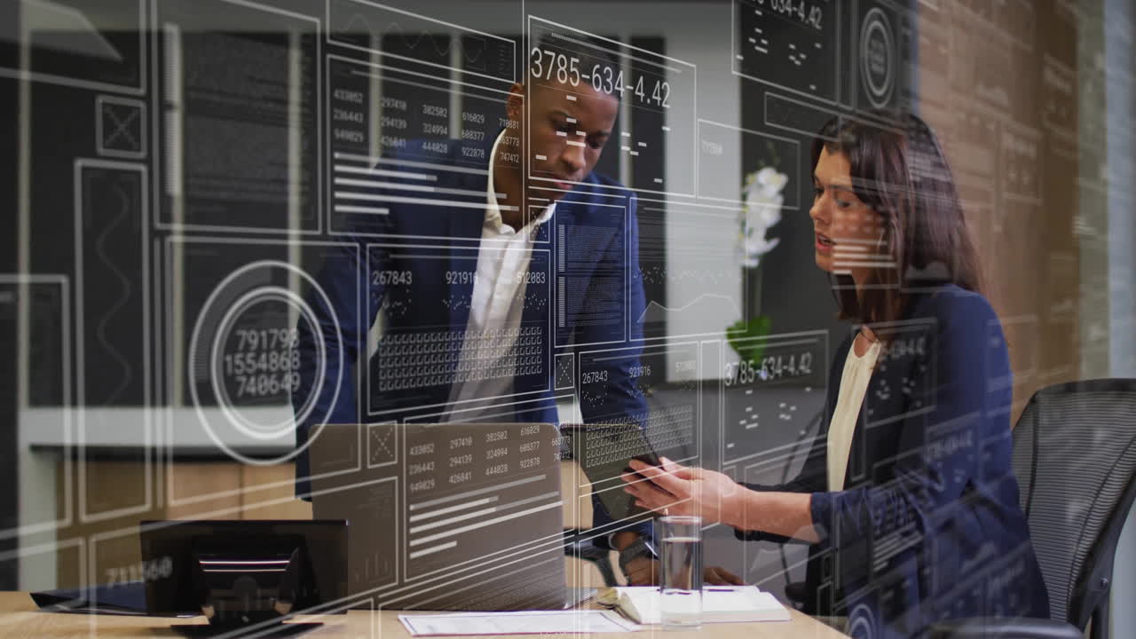 Animation of data processing over diverse male and female business colleague in meeting