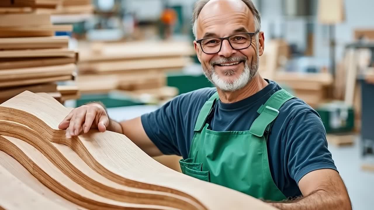 A man in an apron holding a piece of wood in a workshop
