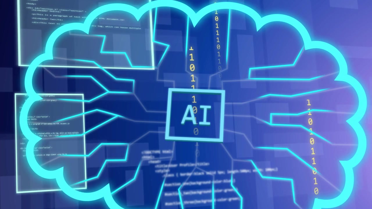 Cyan bar appearing, central AI square transforming into neon brain, circuits mapping code flow