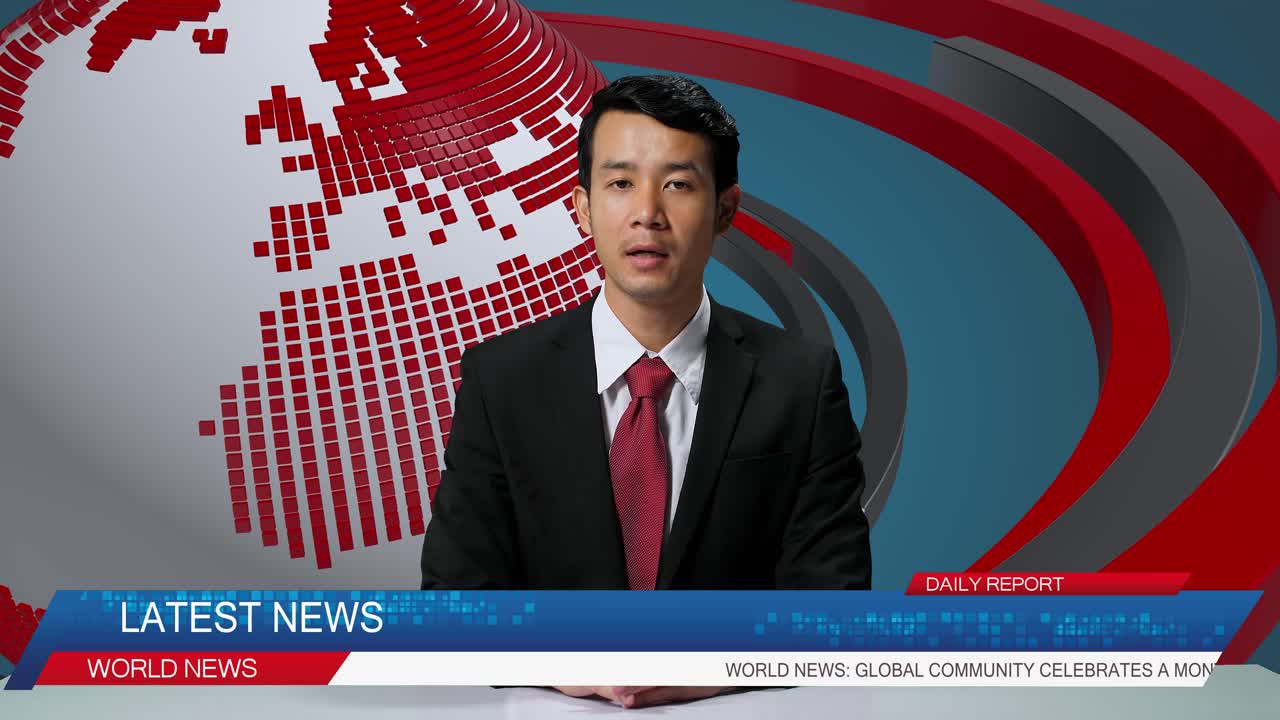Live News Studio With Asian Professional Male Anchor Reporting On The Events Of The Day. Television Channel Newsroom With Newscaster Talking. Running Ticker Shows World, Business, Politics, Sports News