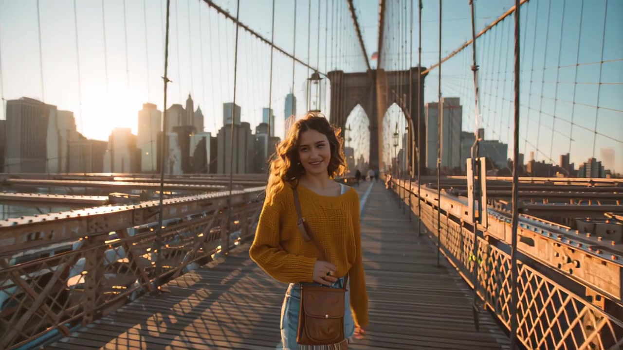 Metraje cinematográfico de una mujer joven paseando por la pasarela peatonal del Puente de Brooklyn a la hora dorada, con el horizonte de Manhattan de fondo, Ciudad de Nueva York.