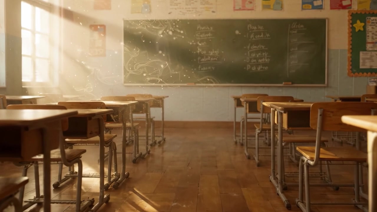 Un ambiente d'aula sereno immerso in luce soffusa, che cattura l'essenza dell'apprendimento con banchi ordinatamente disposti e una lavagna piena di equazioni matematiche