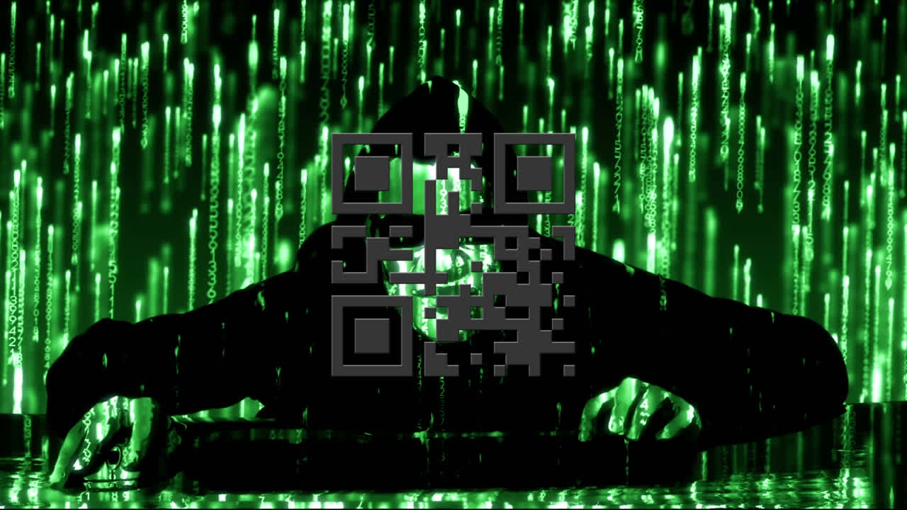animación digital de código qr verde neón brillante y rastros de luz que caen sobre el hacker masculino