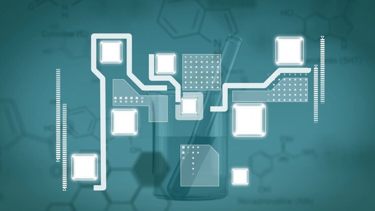 Animation of computer circuit board over beaker and test tube