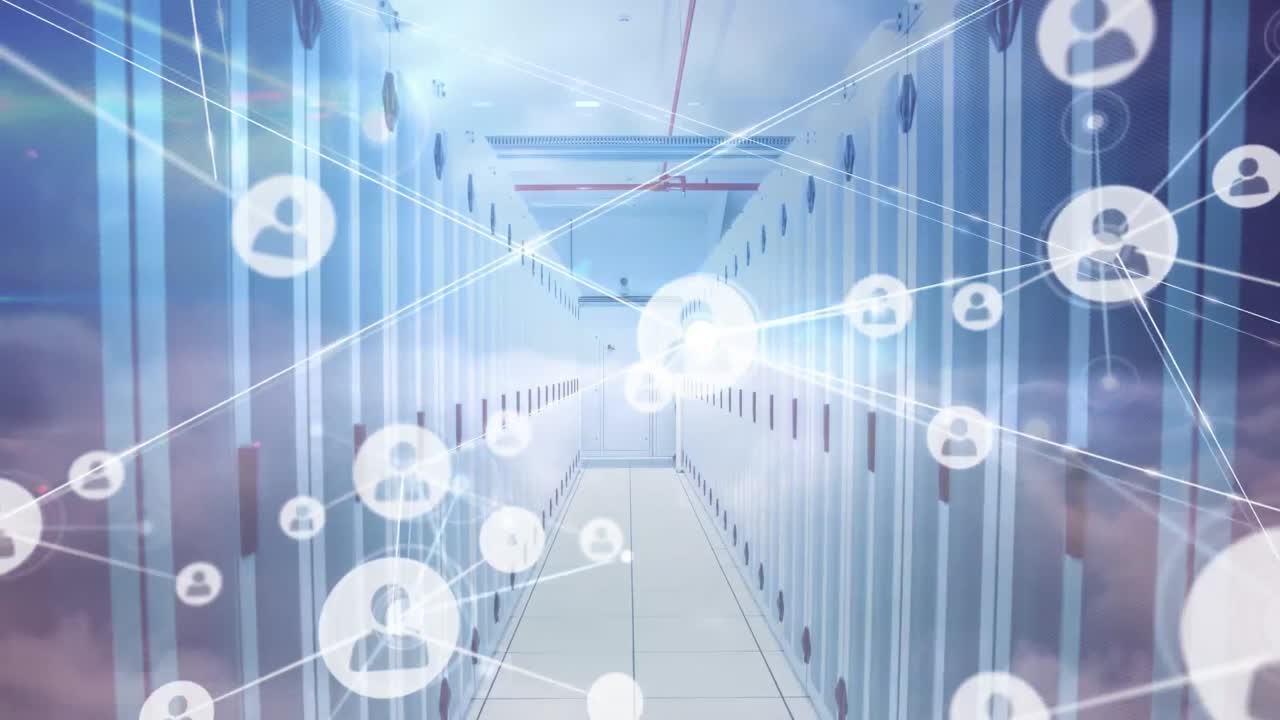 サーバールーム上のアイコンの接続ネットワークのアニメーション