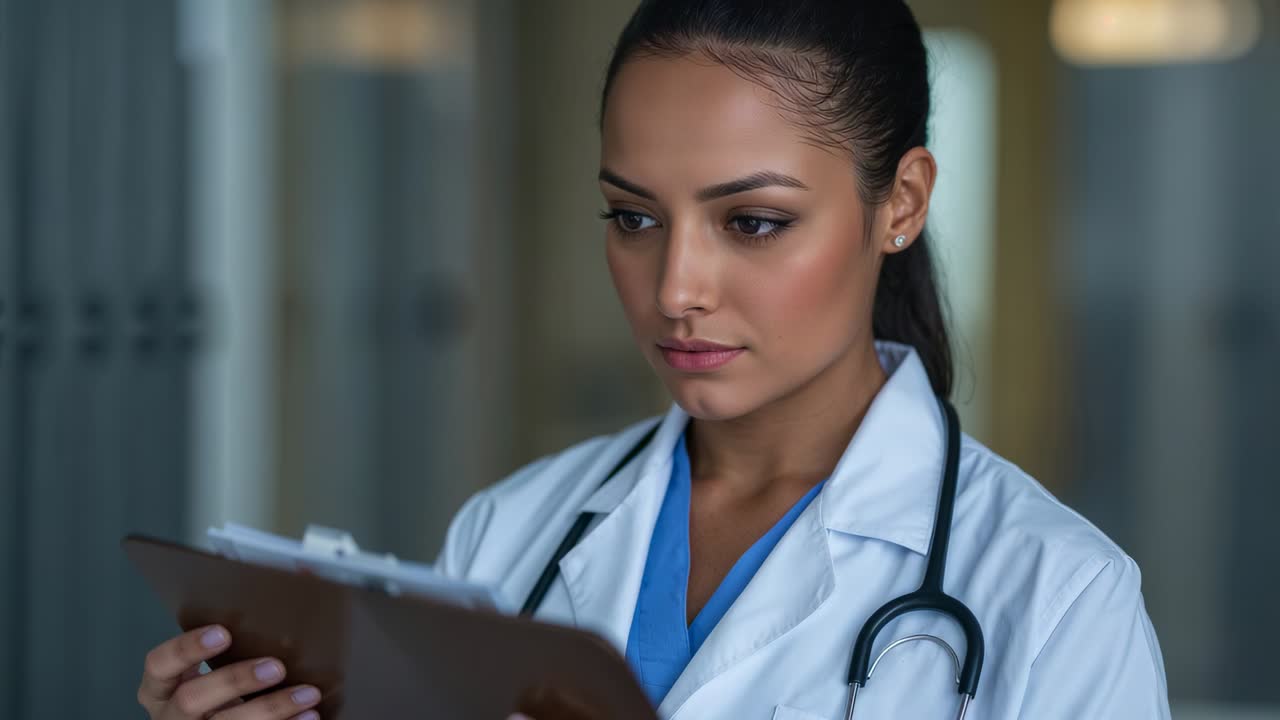 Camera filming doctor in hospital corridor, coat, stethoscope, reading clipboard, reviewing notes