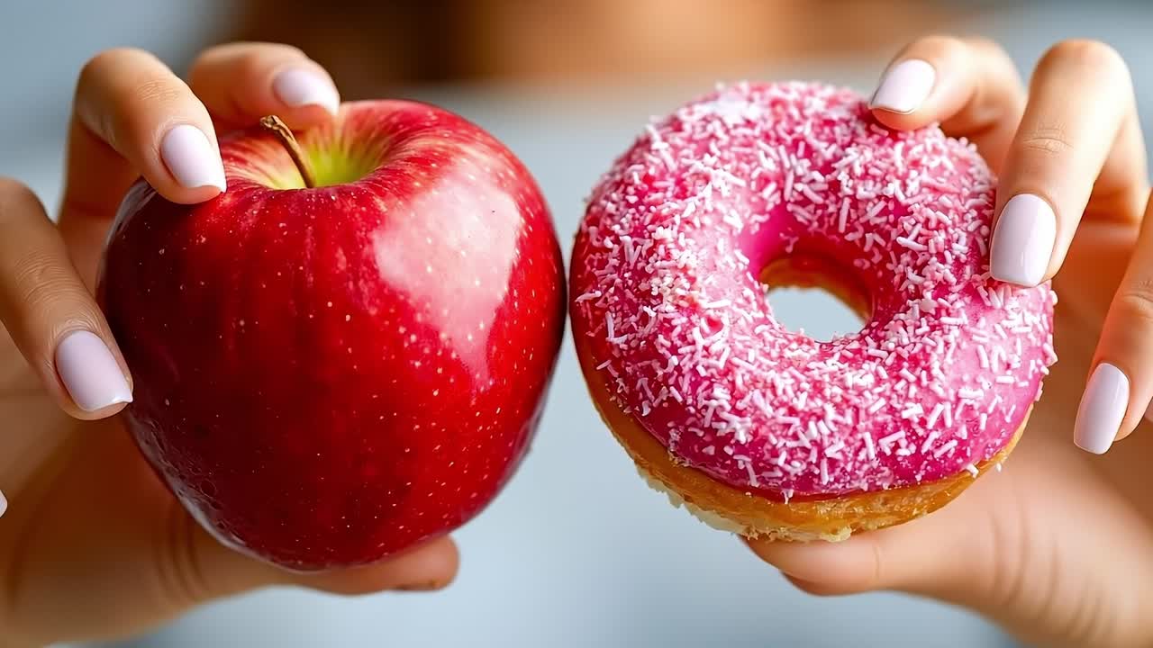 Una persona che tiene in mano una mela e una ciambella