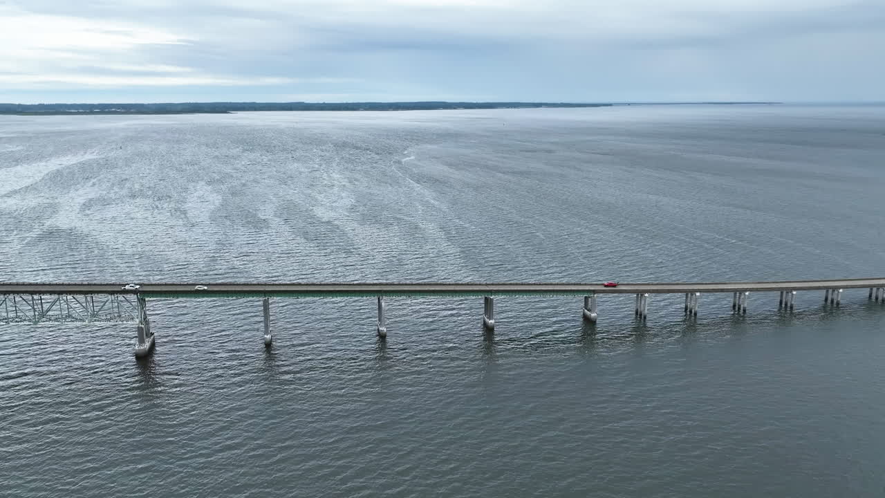 Panoramic drone shot panning in front of the Astoria-Megler Bridge in Oregon, USA