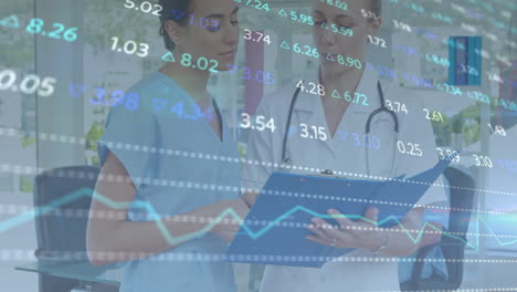 stock market data animation overlaying healthcare professionals reviewing documents