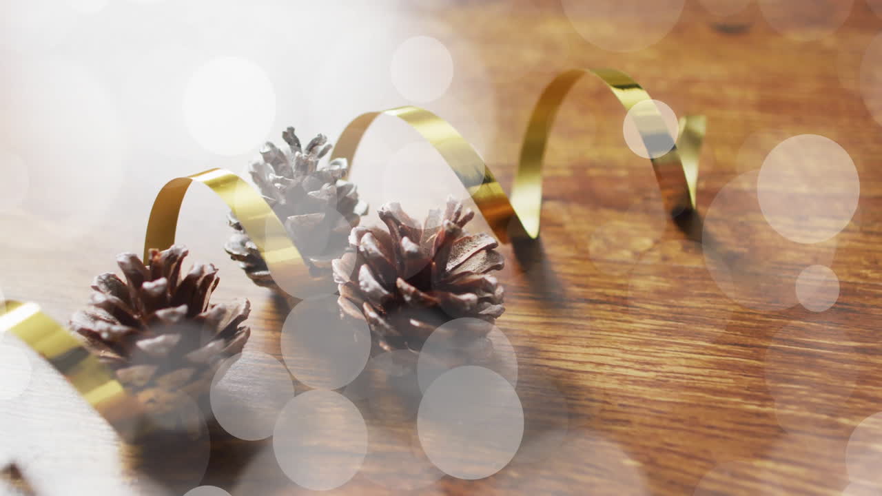 Animation of light spots over pines and christmas decorations