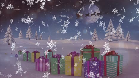 animación de nieve cayendo y regalos en navidad sobre santa en trineo