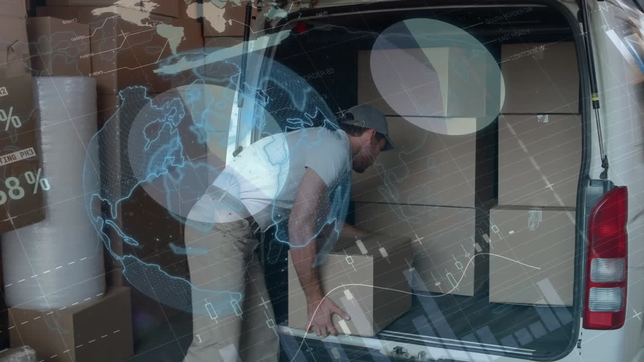 animación del procesamiento de estadísticas sobre el repartidor con una caja de cartón