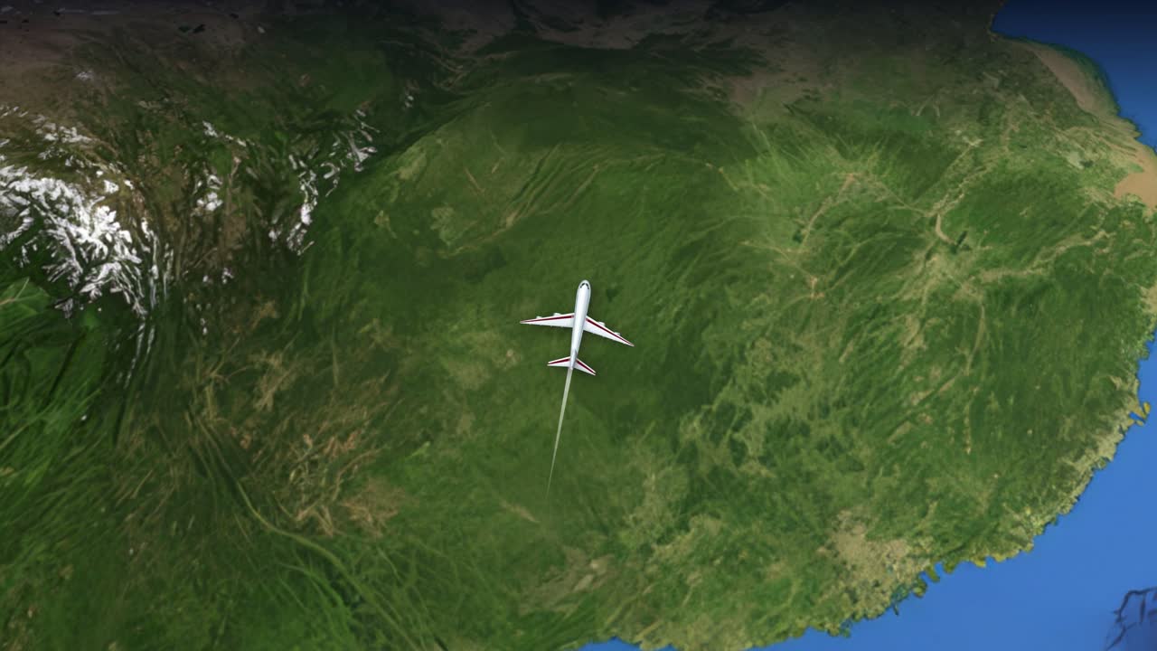 Et kommersielt fly flyr over en 3D-globus fra Singapore til Miami, USA