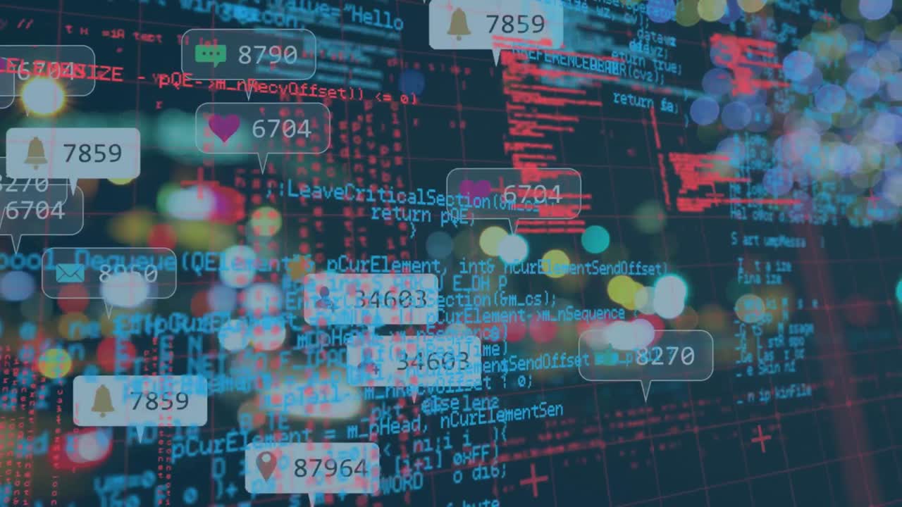 animación de procesamiento de datos e iconos de medios sobre el paisaje urbano por la noche