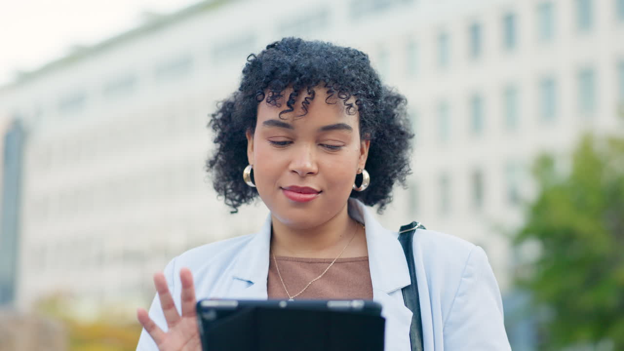 City, tablet and professional woman typing morning