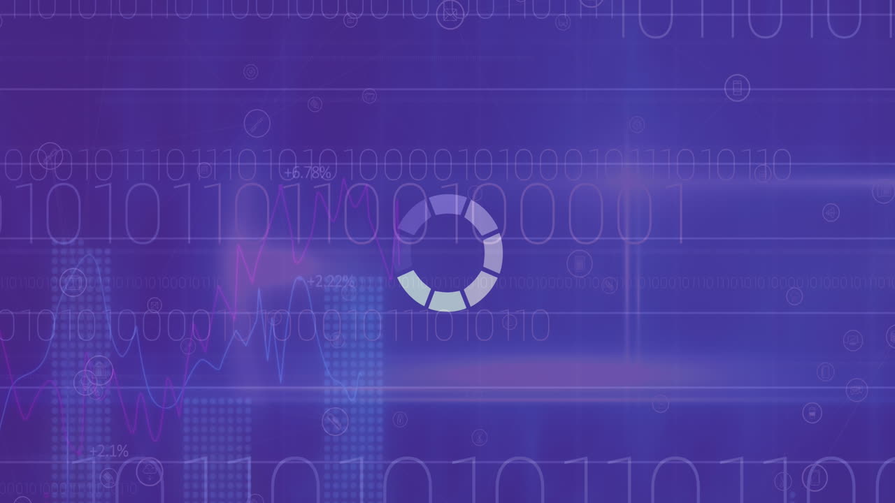 Animation of circle loading and binary coding over purple background