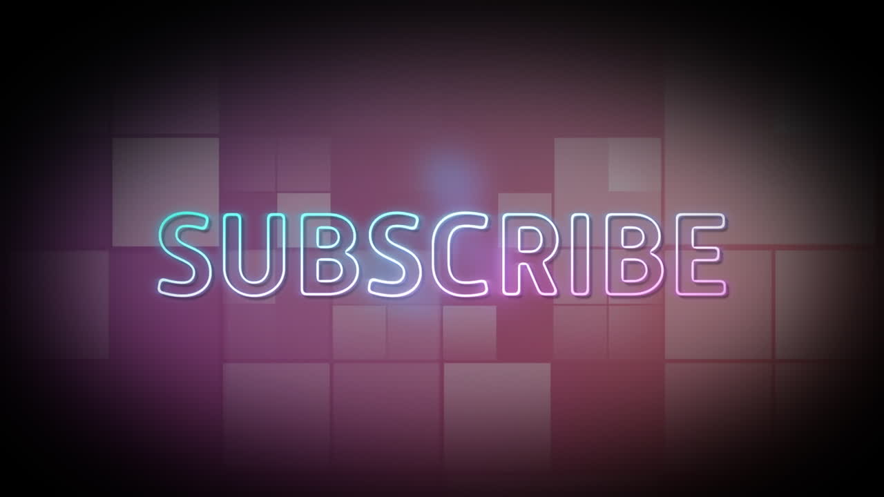 animación del texto de neón de suscripción sobre cuadrados móviles