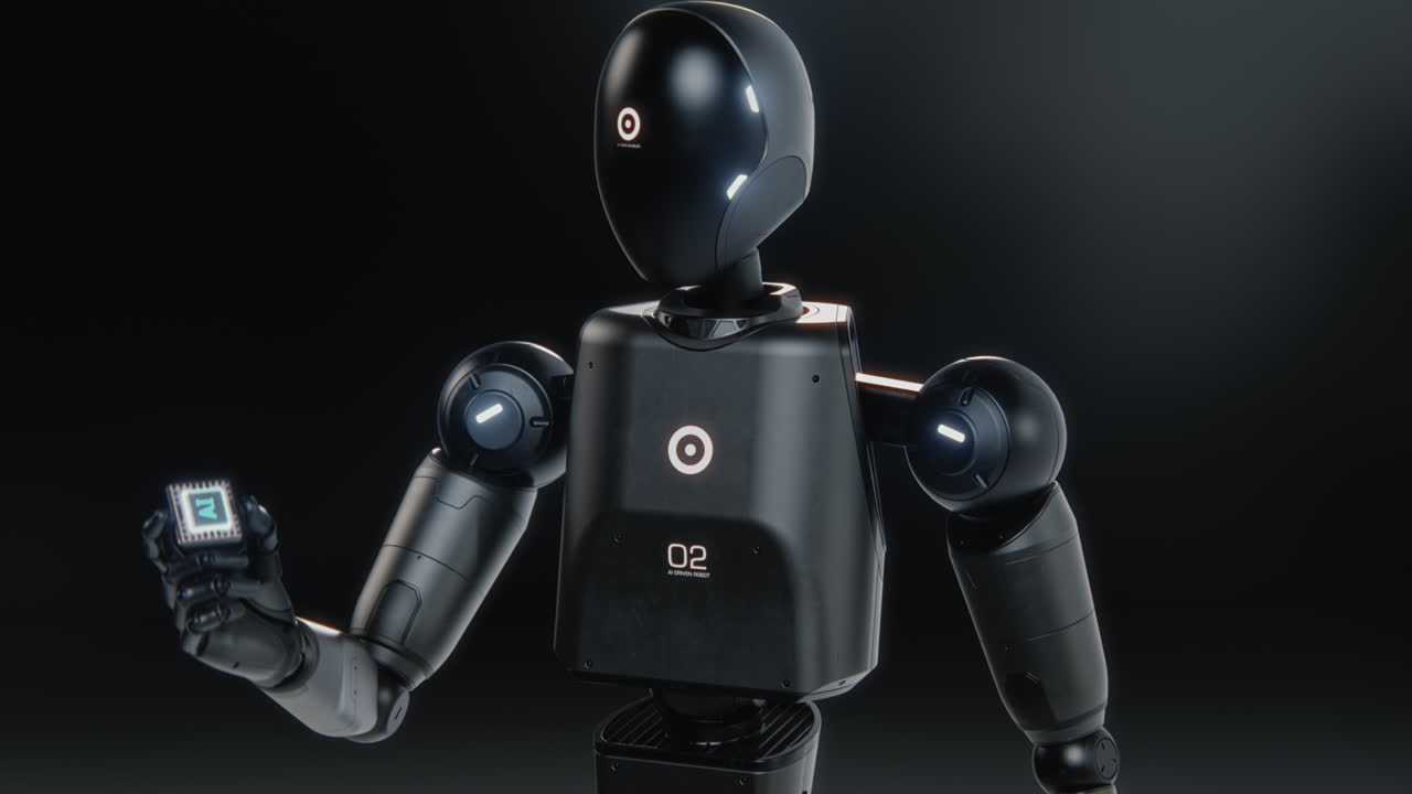 Visualization of High Tech Humanoid Robot Holding Computer Microchip for Data Processing