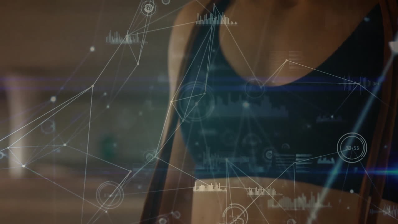 animación de la red de conexiones sobre mujer biracial con ropa deportiva en la calle