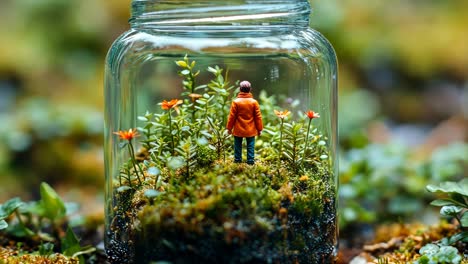 miniature figure explores a vibrant ecosystem inside a glass jar