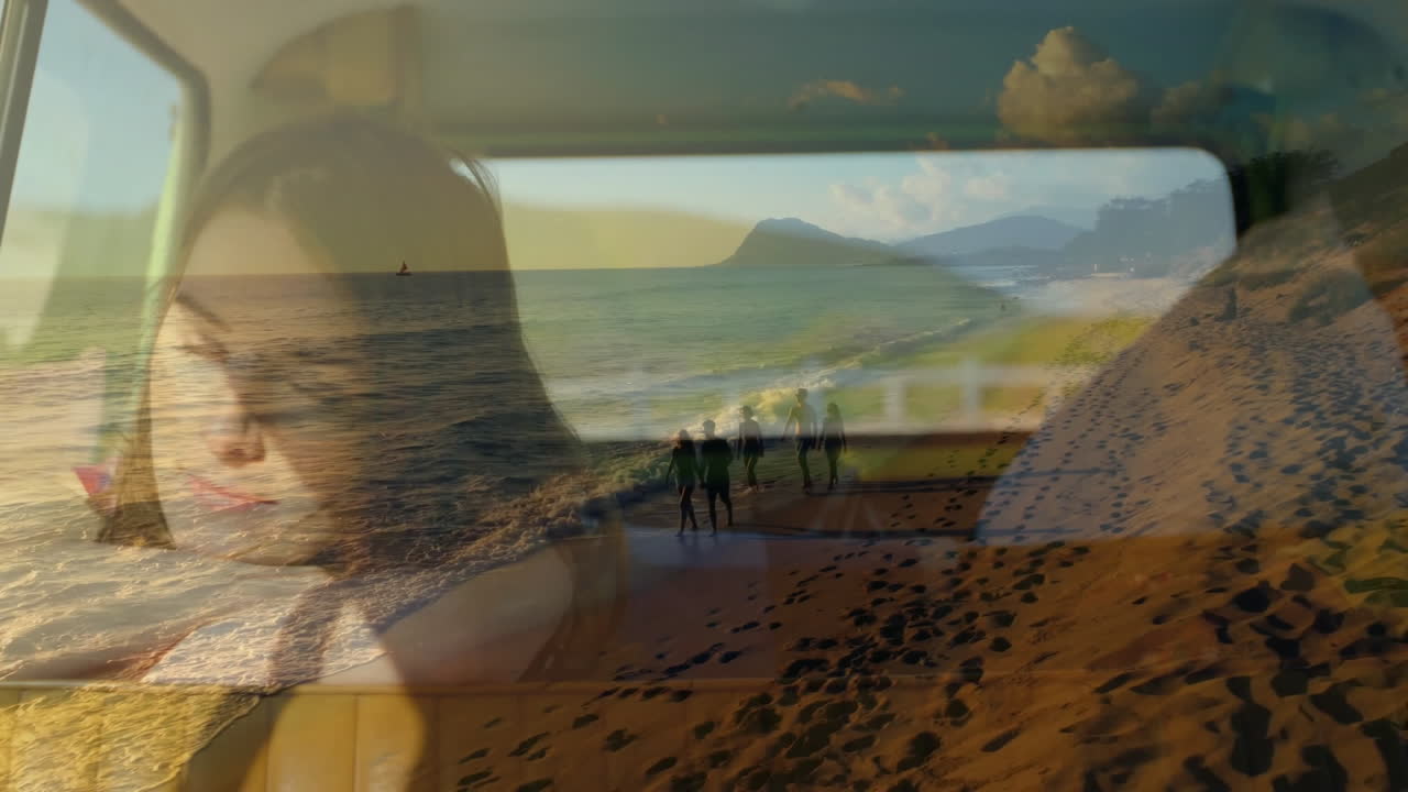 Relaxing in car with beach animation overlay, woman enjoying ocean view