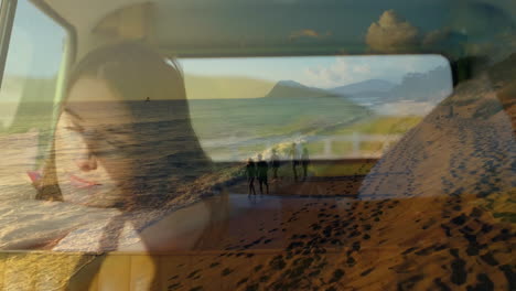 relaxing in car with beach animation overlay, woman enjoying ocean view