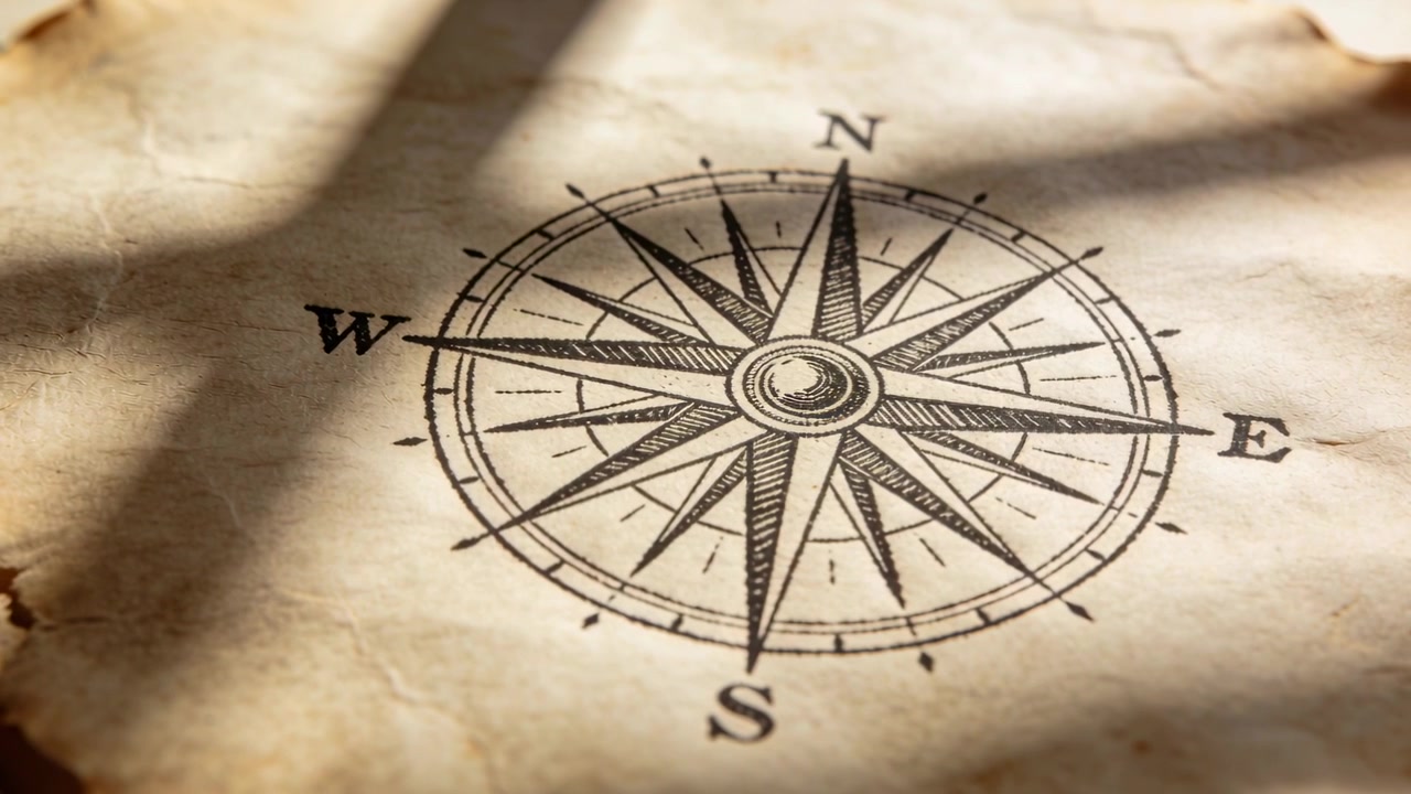 Shifting sunlight sliding across aged parchment near window, revealing inked compass rose N E S W
