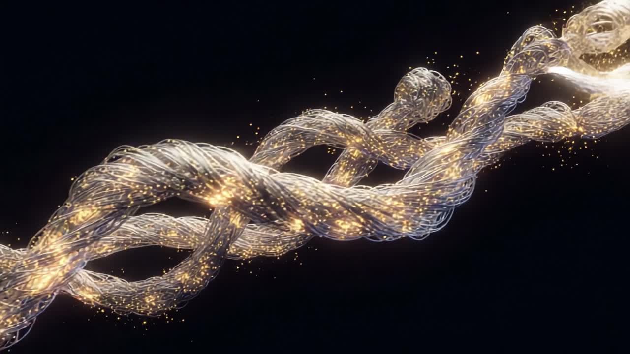 A Mesmerizing Abstract Art Piece Featuring Illuminated Twisted Wires with Glimmering Particles Captured in a Dark Setting, Showcasing Light and Shadow Dynamics