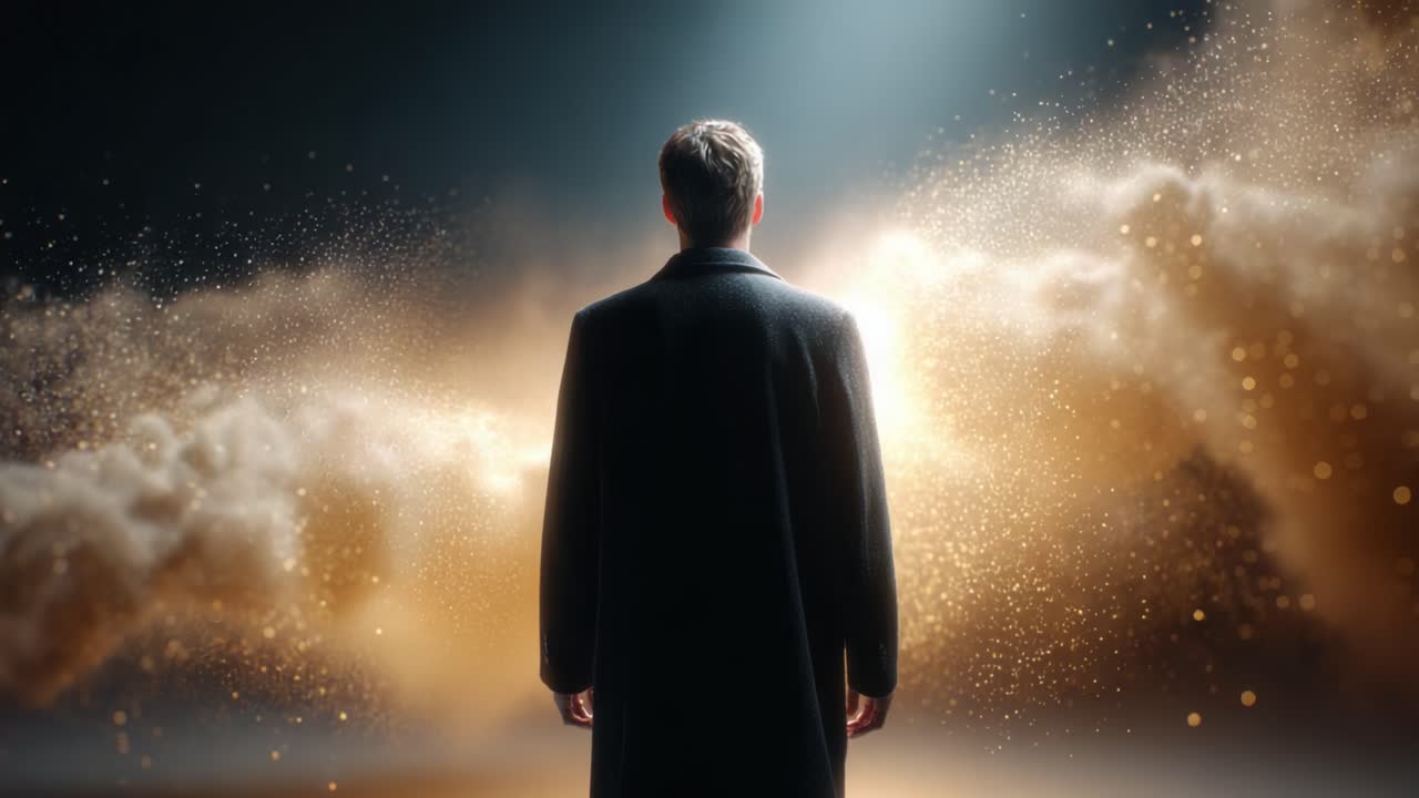 A Solitary Figure Stands at the Edge of a Mystical Light, Surrounded by Ethereal Dust and Glowing Particles, Contemplating a Vast and Unknown Realm