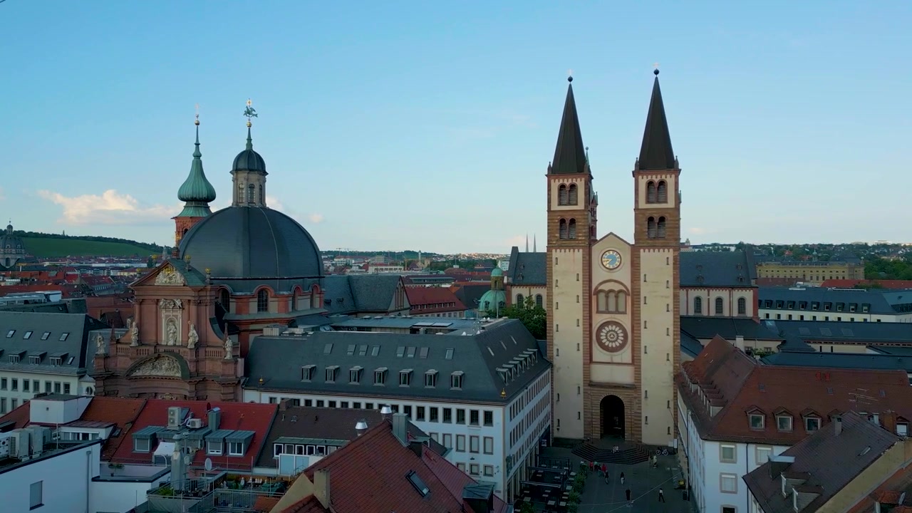 4K Aerial Drone Video of the City Hall Clock Tower and Wurzburg Cathedral in Downtown Würzburg, Germany