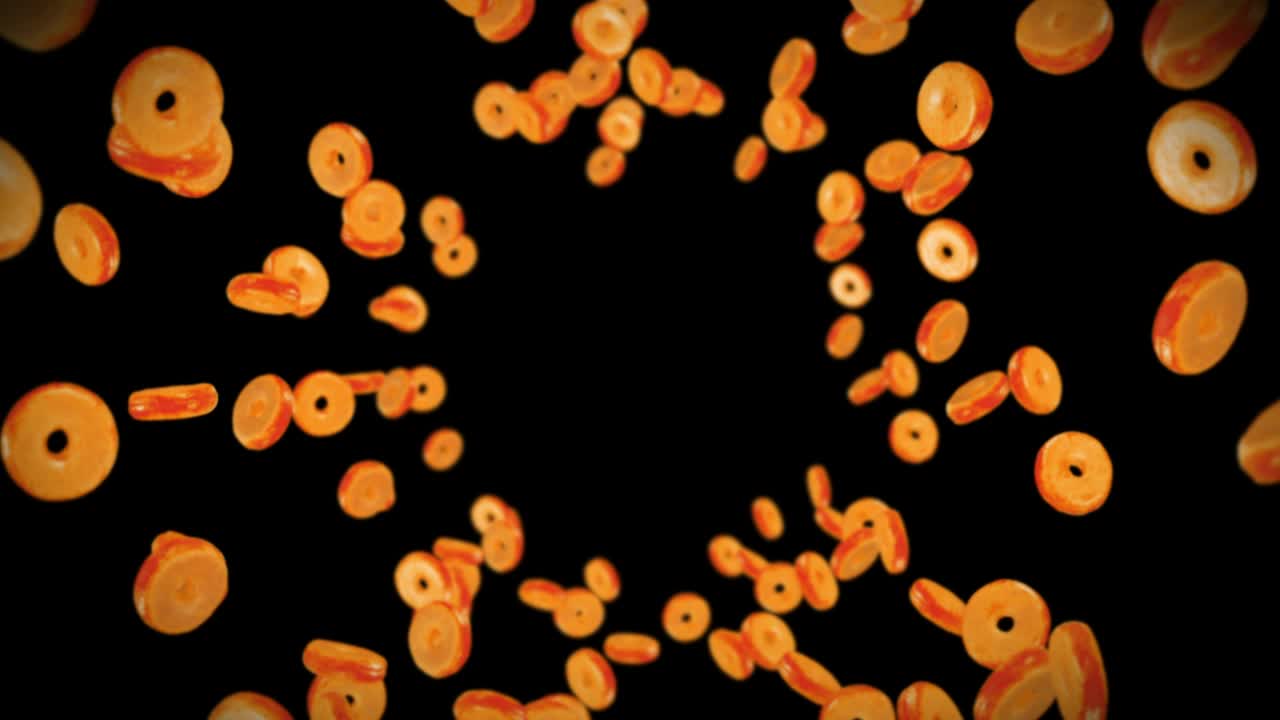 volando muchas rosquillas planas en fondo negro. pastel de rosquillas, dulces, postre. animación en 3d de la rotación de las rosquillas. animación de bucle.