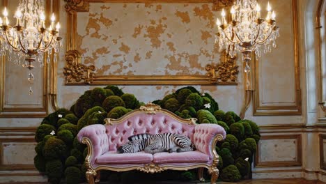 luxurious living space highlighting sophisticated pink sofa with striking zebra pattern, complemented by verdant greenery and sparkling crystal chandeliers defining opulent interior design