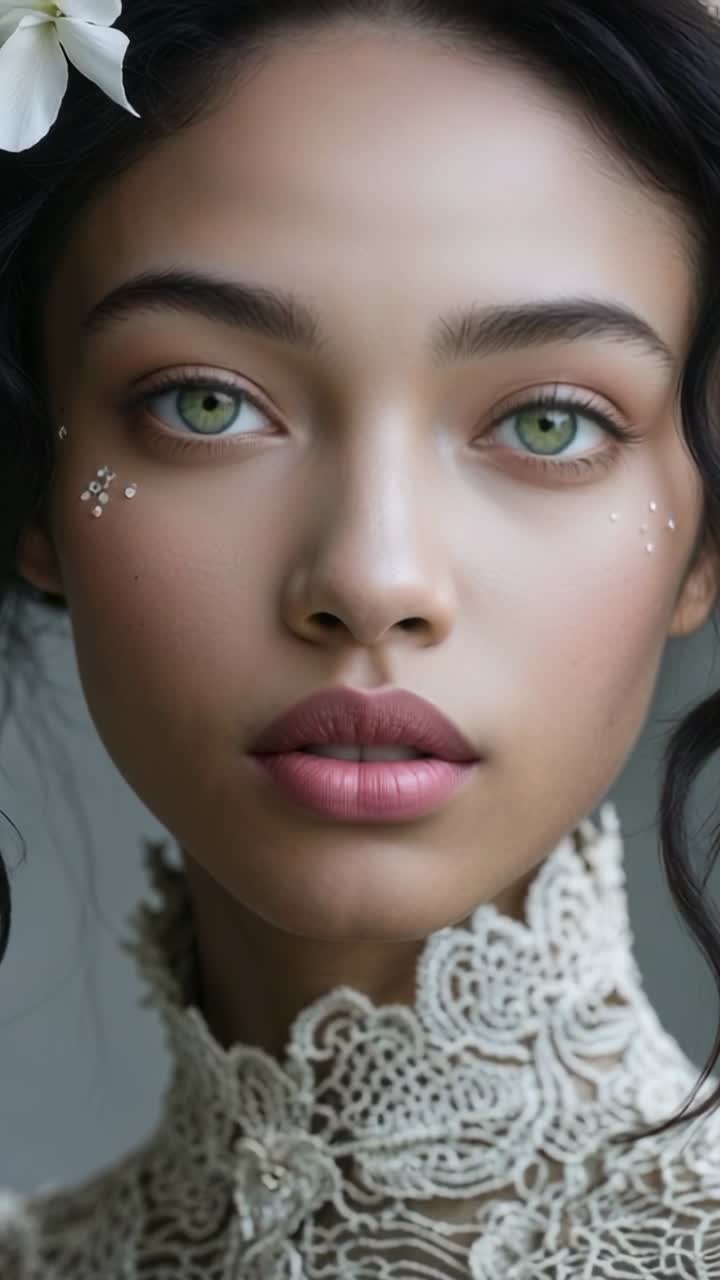 Vertical video: Woman parting eyelids revealing green eyes with studs and flower in studio